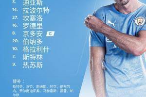 曼城vs狼队首发：斯特林、格拉利什首发；黄喜灿替补